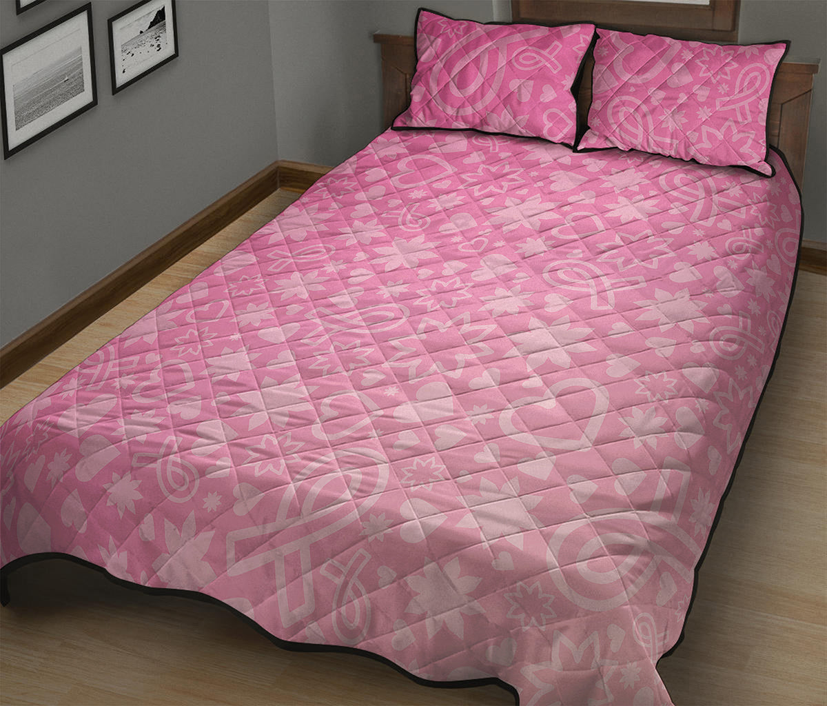 Cute Pink Breast Cancer Pattern Print Quilt Bed Set