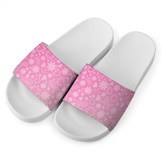 Cute Pink Breast Cancer Pattern Print White Slide Sandals