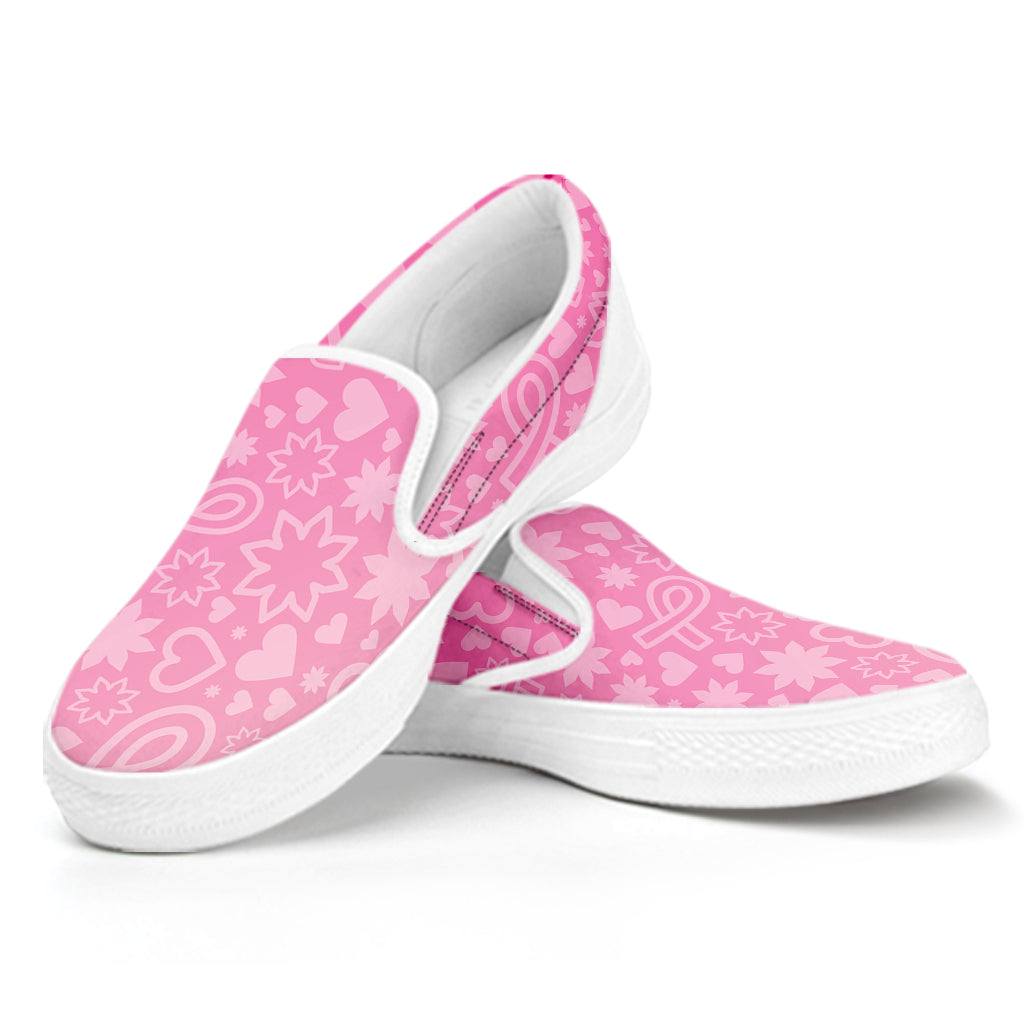 Cute Pink Breast Cancer Pattern Print White Slip On Shoes