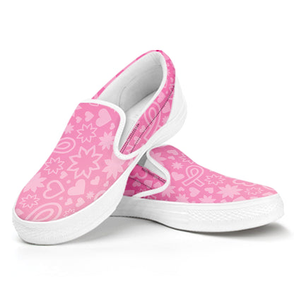 Cute Pink Breast Cancer Pattern Print White Slip On Shoes