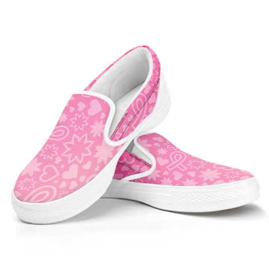 Cute Pink Breast Cancer Pattern Print White Slip On Shoes