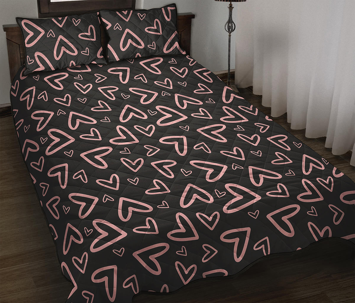 Cute Pink Heart Pattern Print Quilt Bed Set