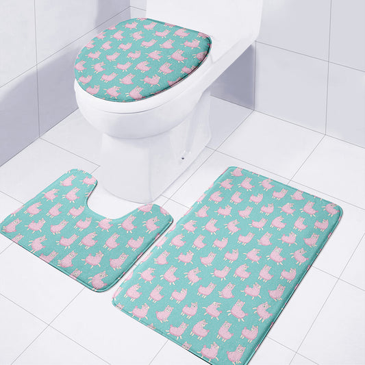 Cute Pink Llama Pattern Print 3 Piece Bath Mat Set