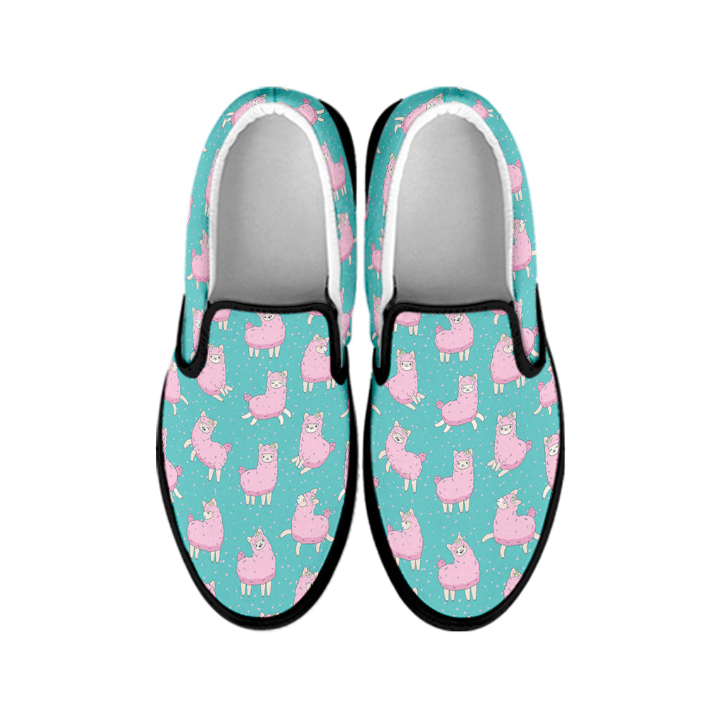 Cute Pink Llama Pattern Print Black Slip On Shoes