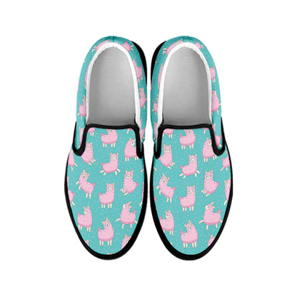 Cute Pink Llama Pattern Print Black Slip On Shoes