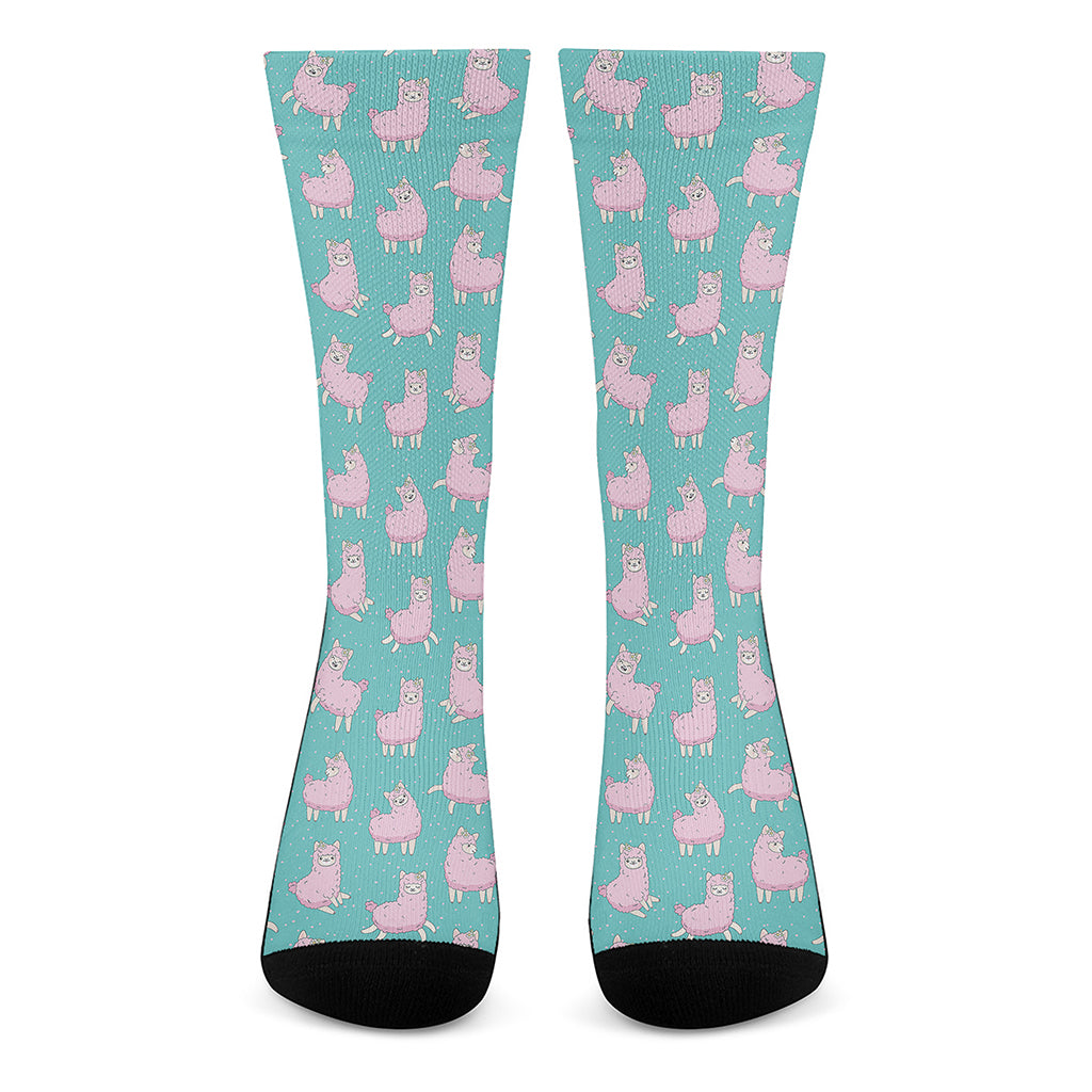 Cute Pink Llama Pattern Print Crew Socks