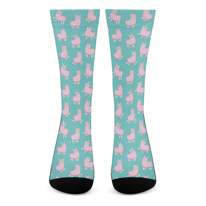 Cute Pink Llama Pattern Print Crew Socks