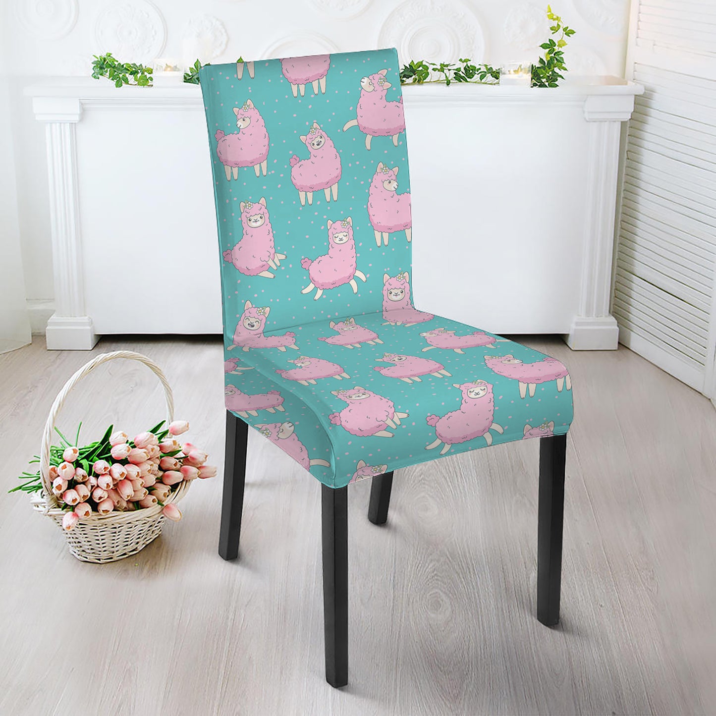 Cute Pink Llama Pattern Print Dining Chair Slipcover