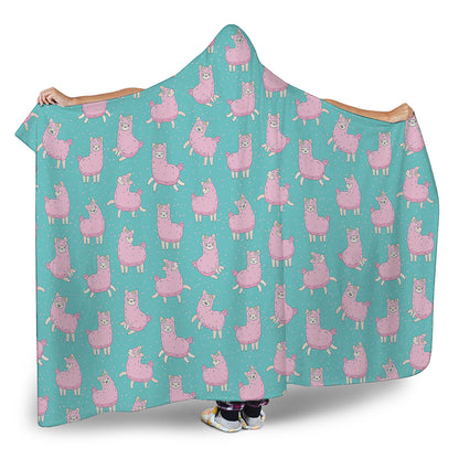 Cute Pink Llama Pattern Print Hooded Blanket