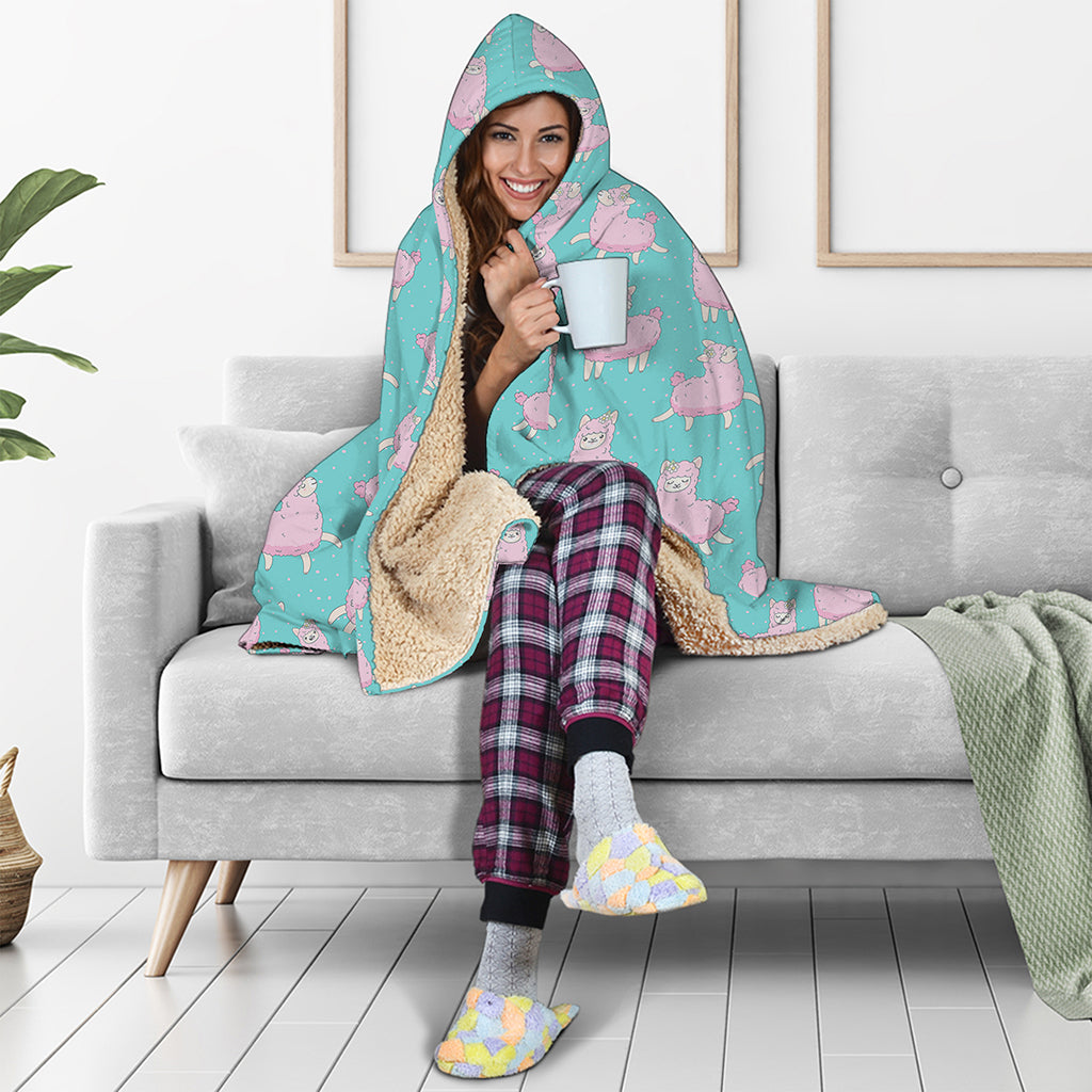 Cute Pink Llama Pattern Print Hooded Blanket