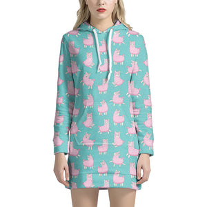 Cute Pink Llama Pattern Print Hoodie Dress