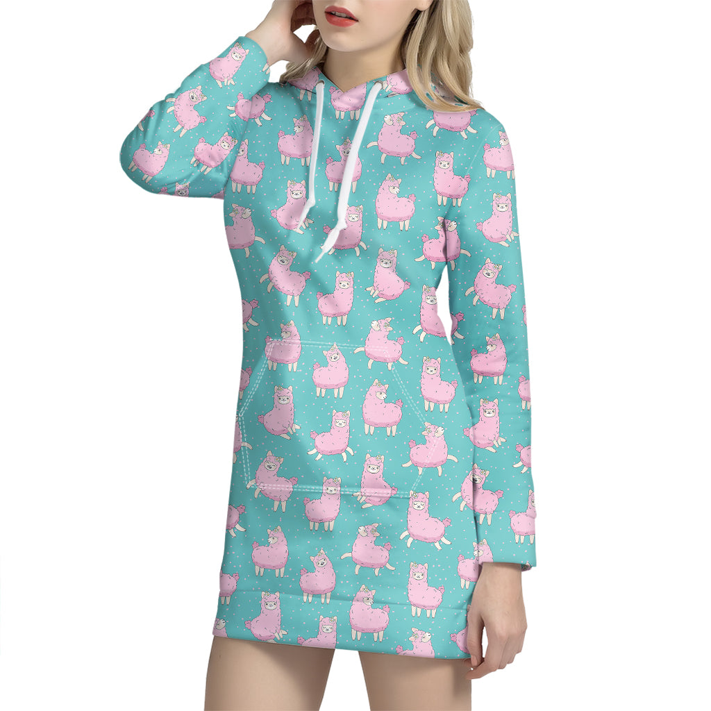 Cute Pink Llama Pattern Print Hoodie Dress