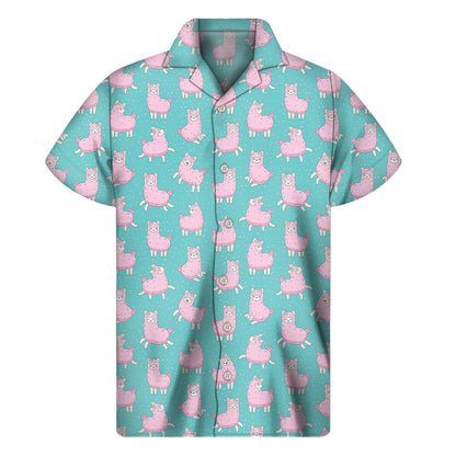 Cute Pink Llama Pattern Print Men's Short Sleeve Shirt