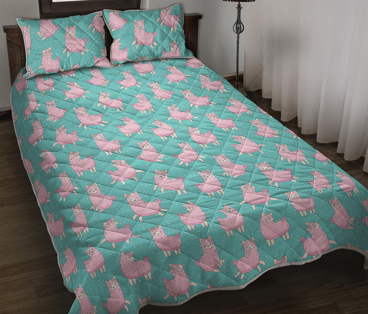 Cute Pink Llama Pattern Print Quilt Bed Set