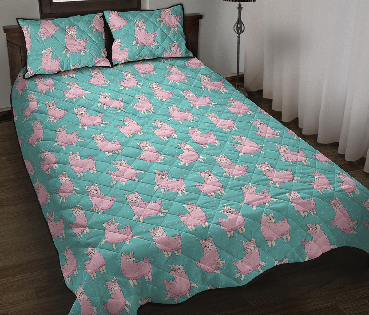 Cute Pink Llama Pattern Print Quilt Bed Set
