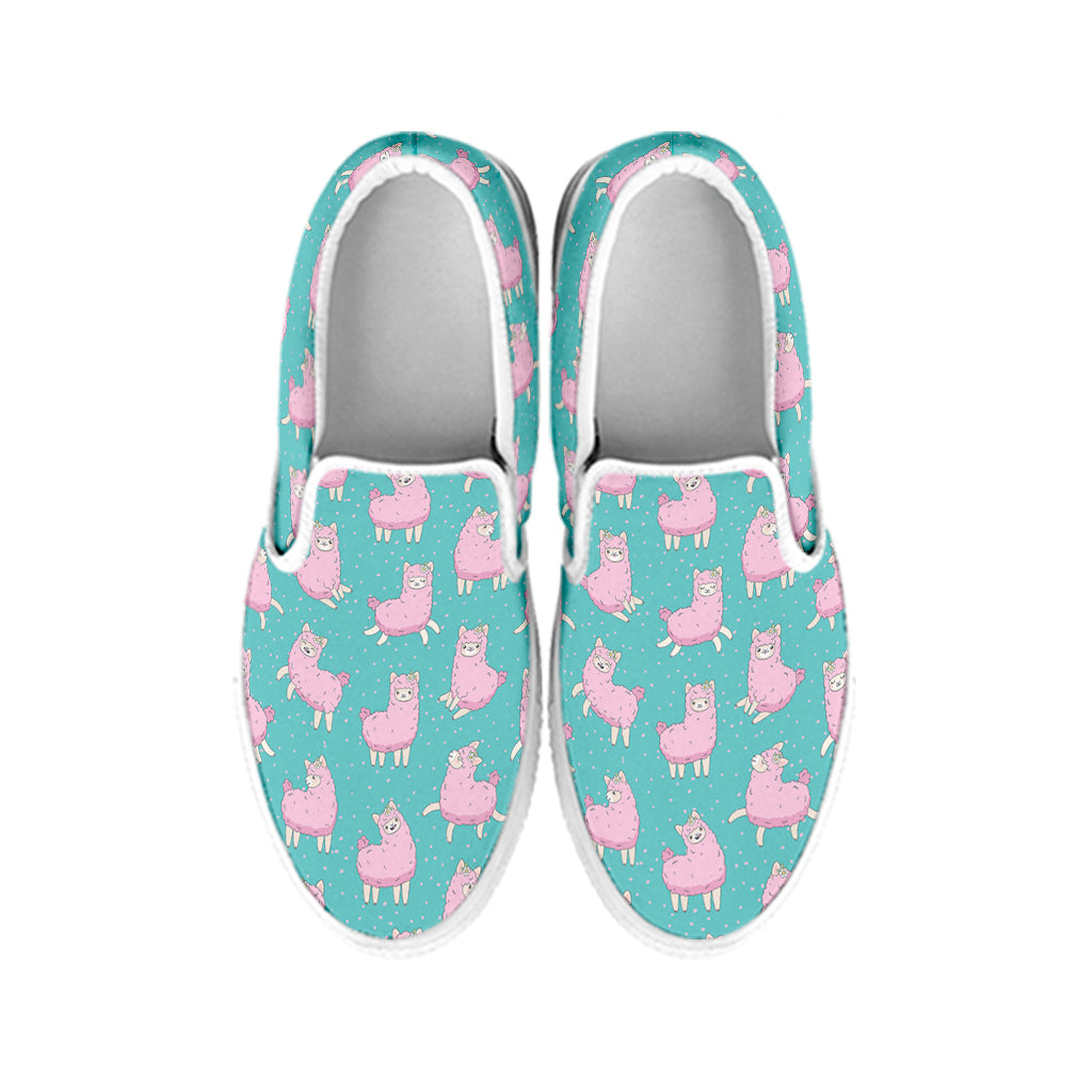 Cute Pink Llama Pattern Print White Slip On Shoes