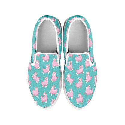 Cute Pink Llama Pattern Print White Slip On Shoes