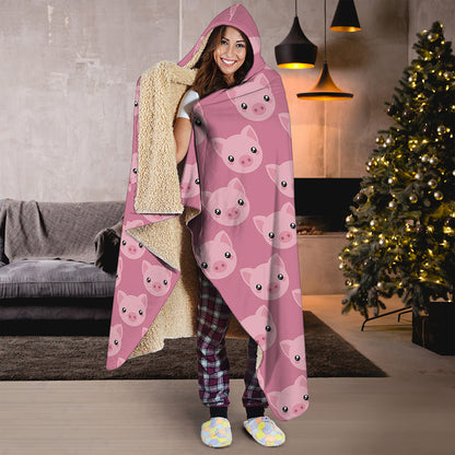 Cute Pink Pig Pattern Print Hooded Blanket