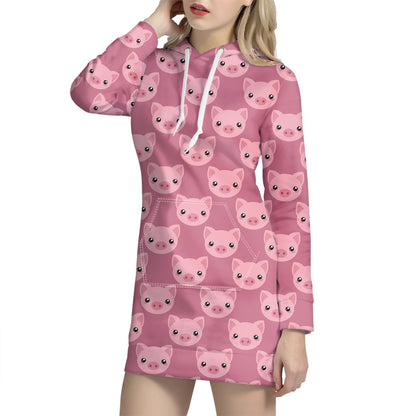 Cute Pink Pig Pattern Print Hoodie Dress