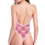 Cute Pink Pig Pattern Print One Piece High Cut Swimsuit