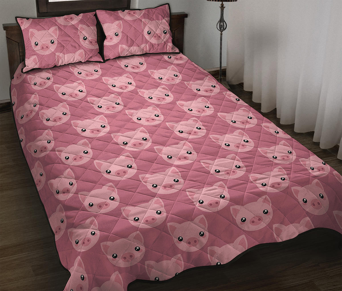 Cute Pink Pig Pattern Print Quilt Bed Set