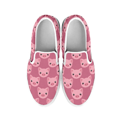 Cute Pink Pig Pattern Print White Slip On Shoes