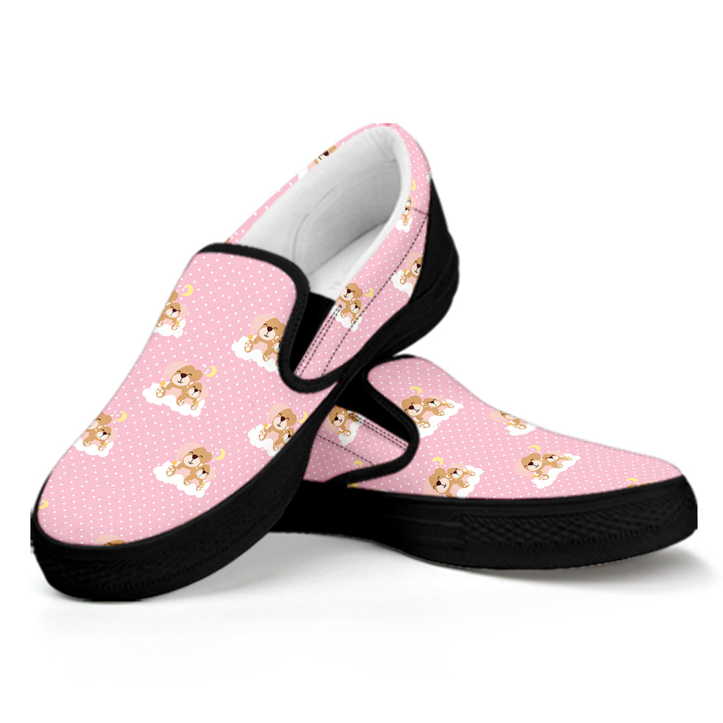Cute Polka Dot Baby Bear Pattern Print Black Slip On Shoes