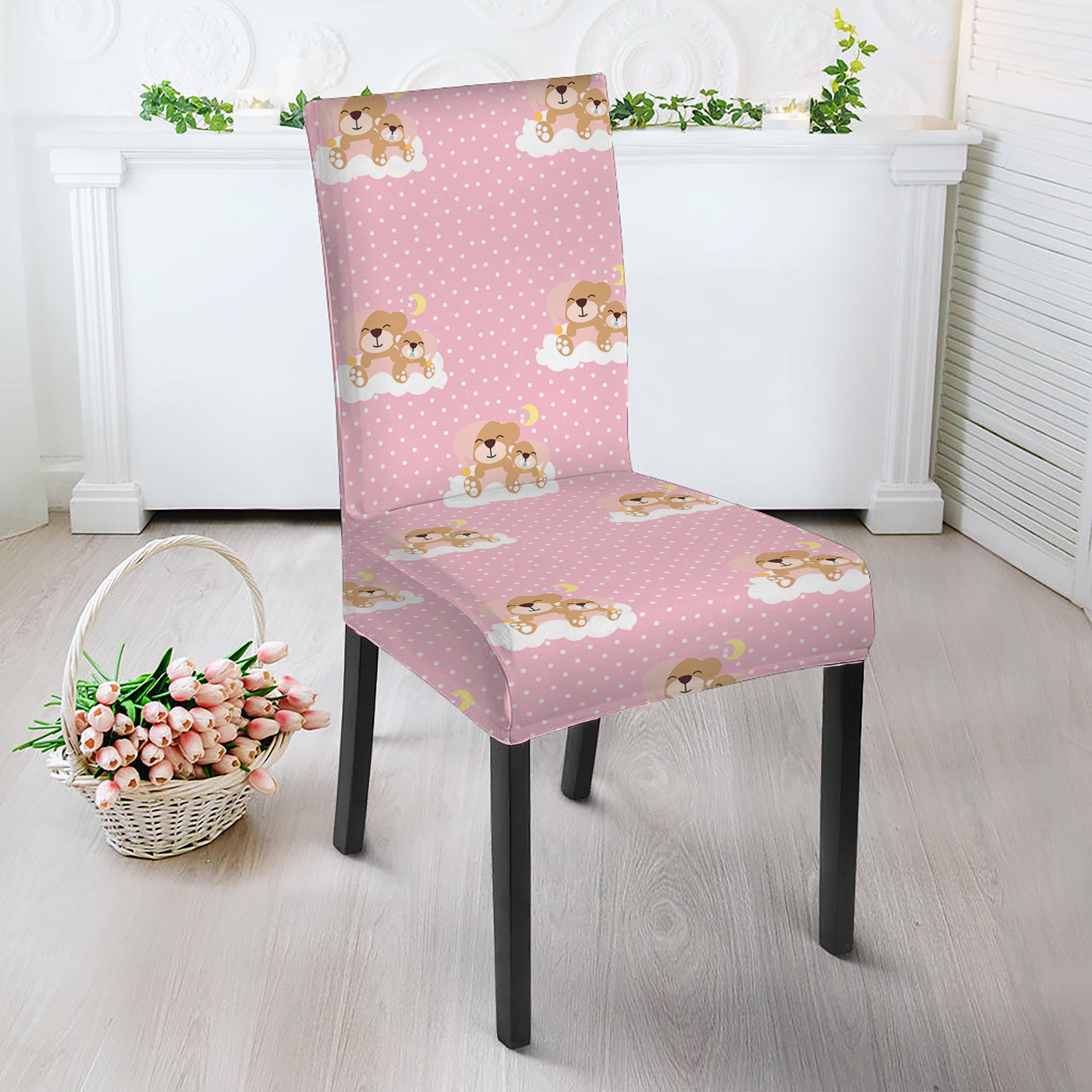 Cute Polka Dot Baby Bear Pattern Print Dining Chair Slipcover