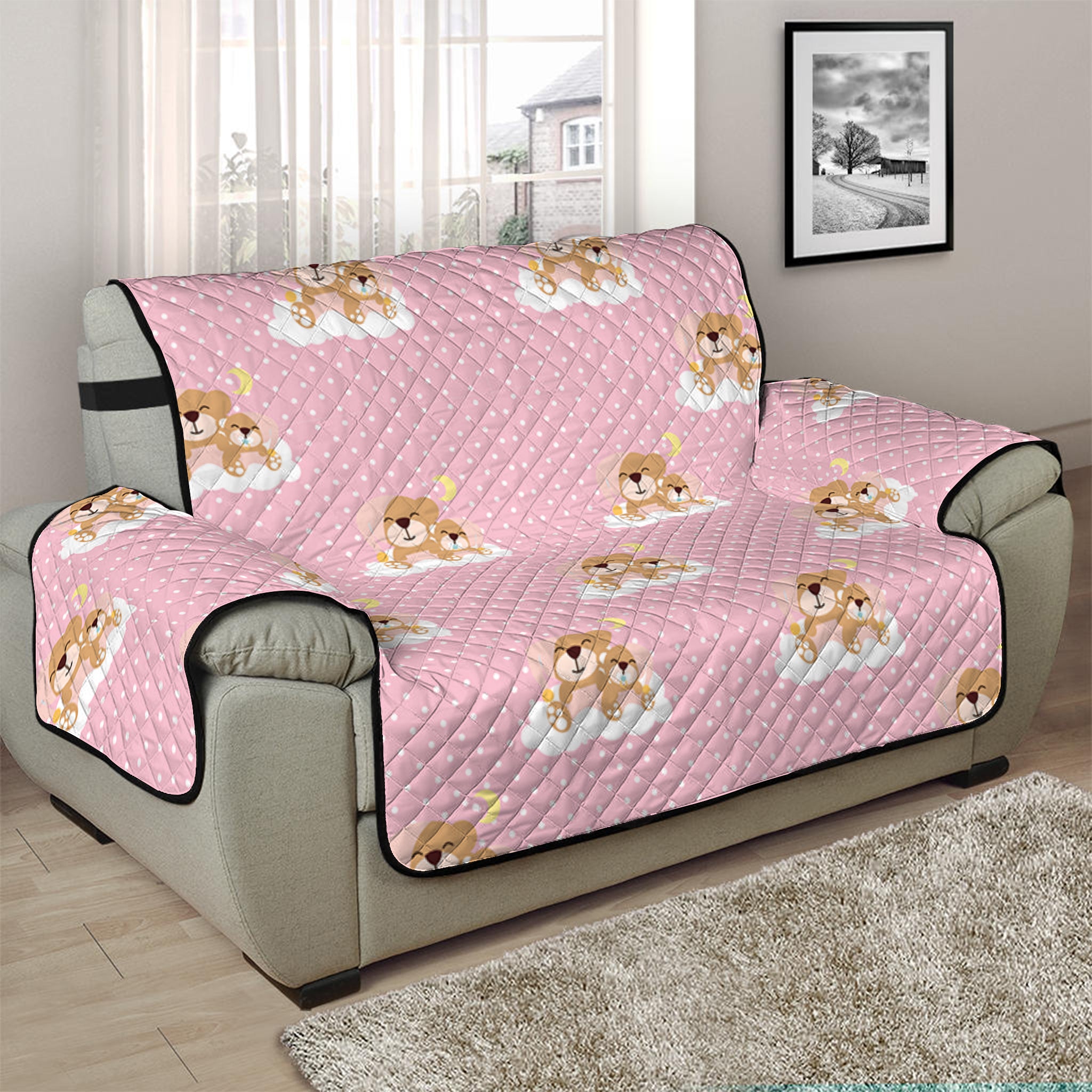 Cute Polka Dot Baby Bear Pattern Print Half Sofa Protector