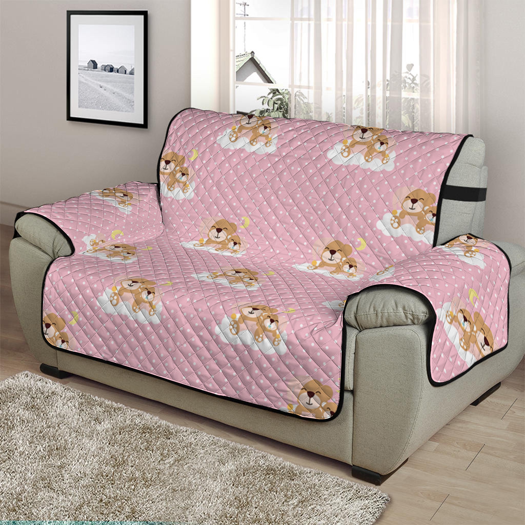 Cute Polka Dot Baby Bear Pattern Print Half Sofa Protector