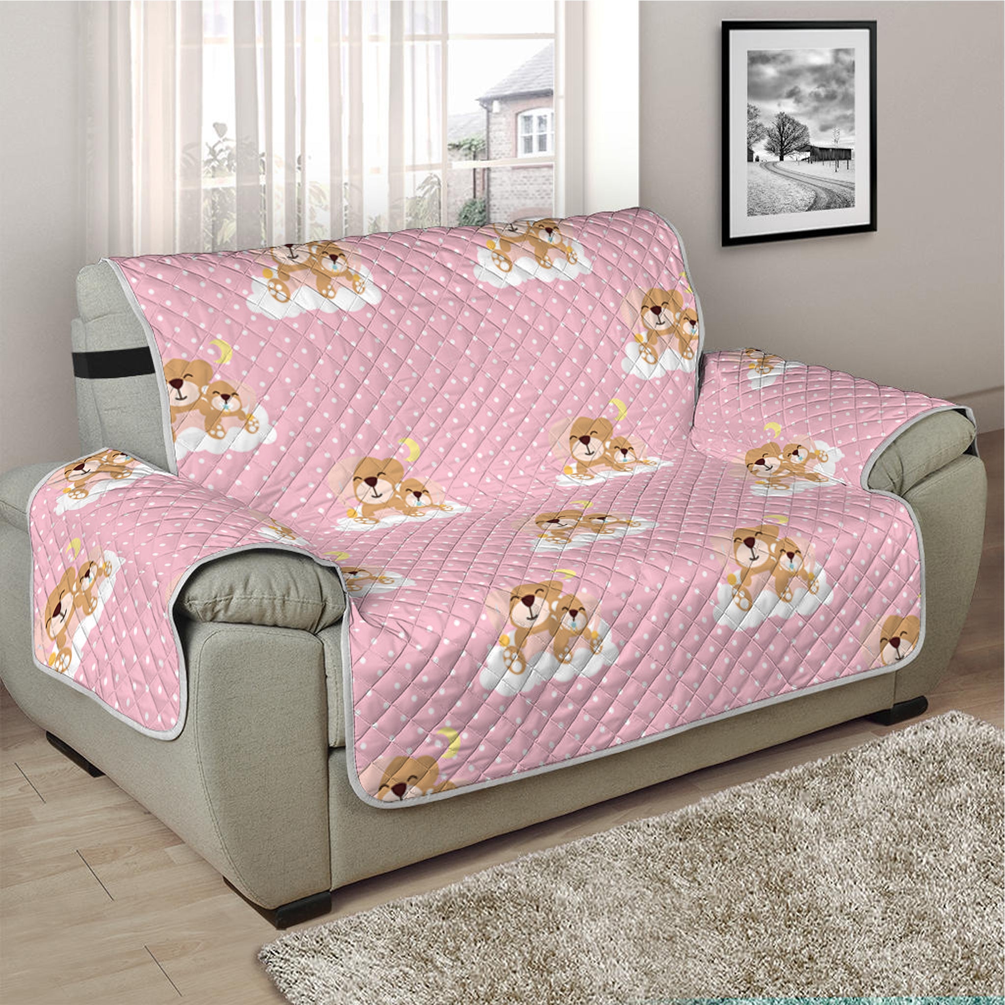 Cute Polka Dot Baby Bear Pattern Print Half Sofa Protector