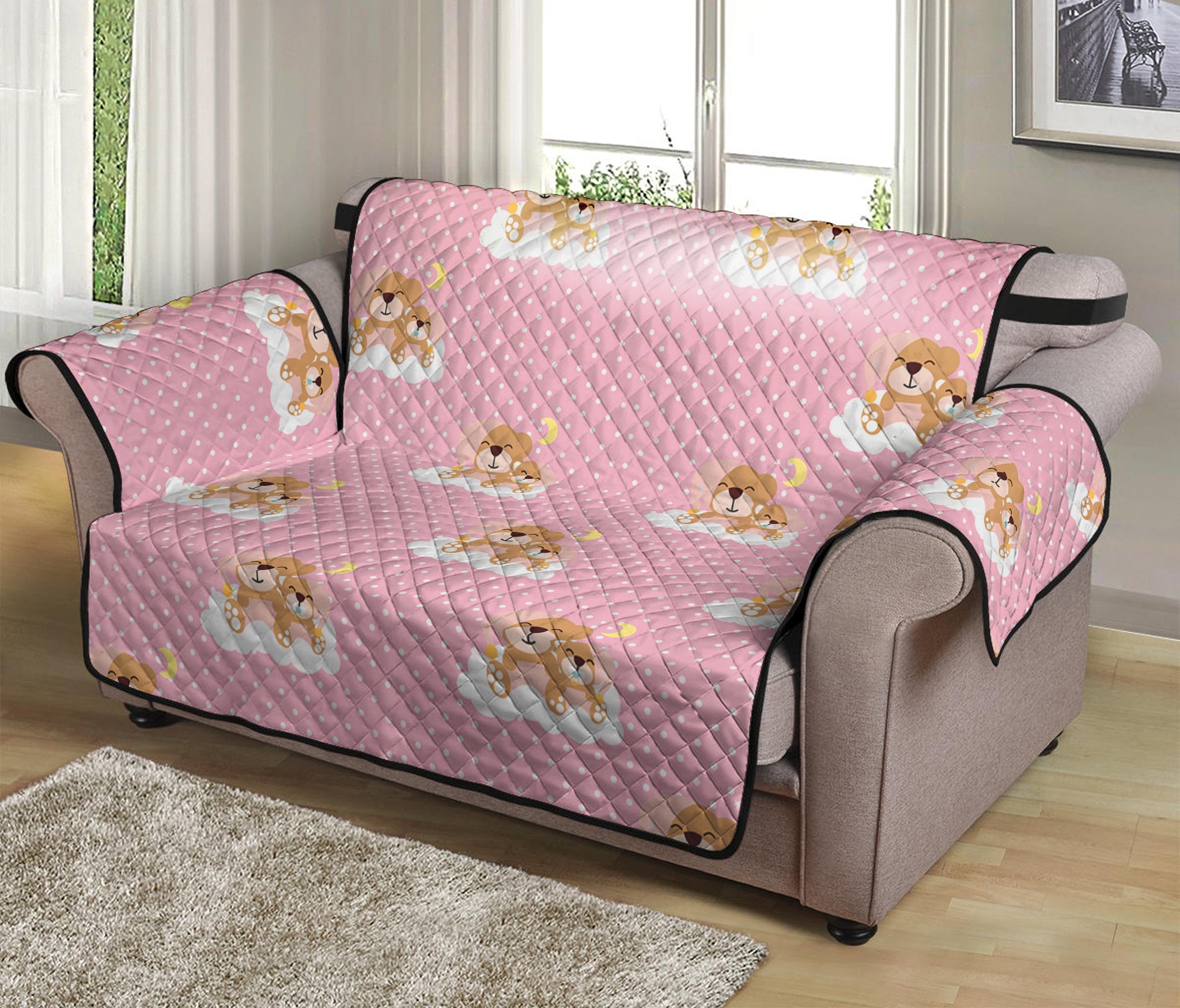 Cute Polka Dot Baby Bear Pattern Print Loveseat Protector