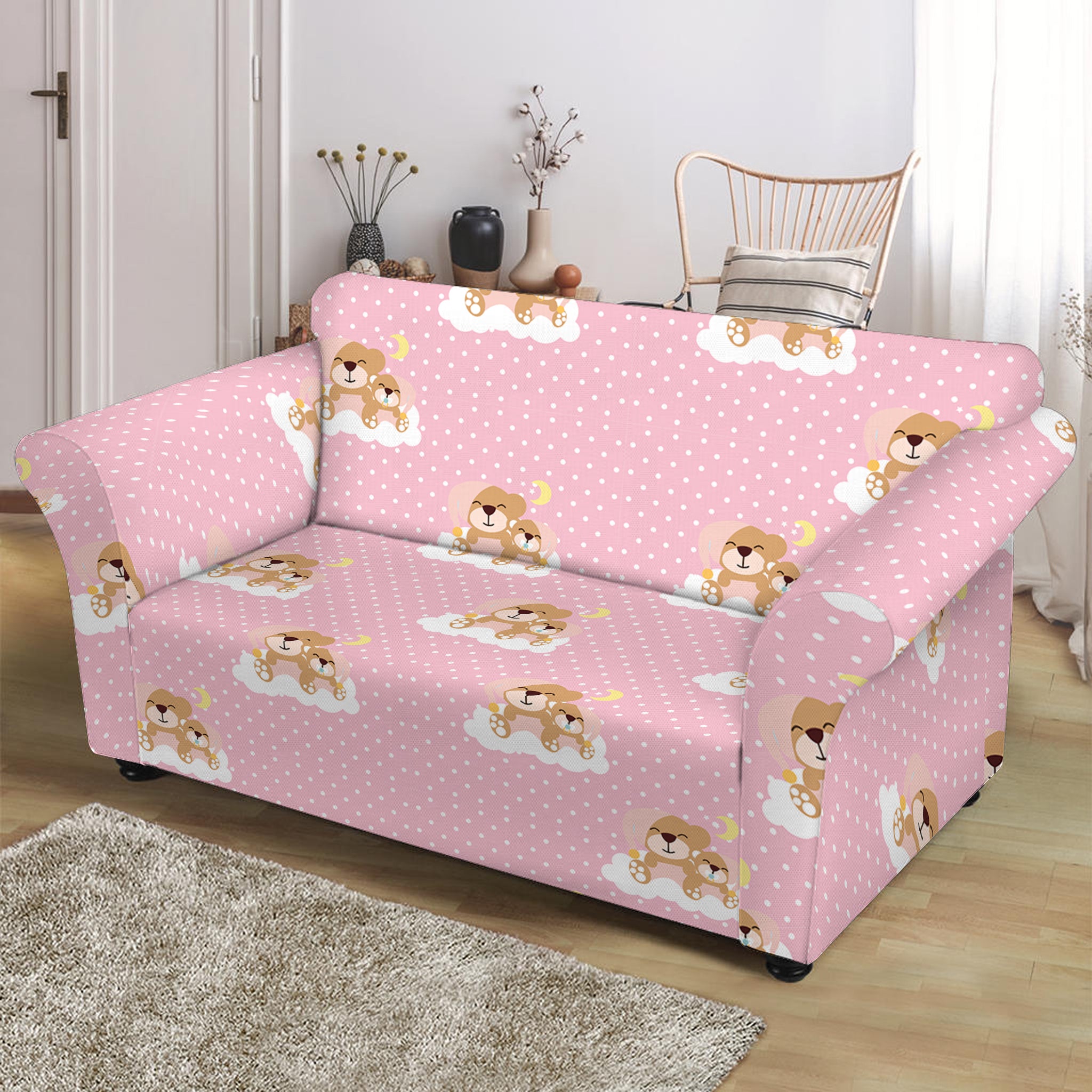 Cute Polka Dot Baby Bear Pattern Print Loveseat Slipcover