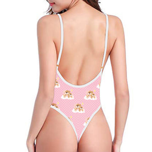 Cute Polka Dot Baby Bear Pattern Print One Piece High Cut Swimsuit