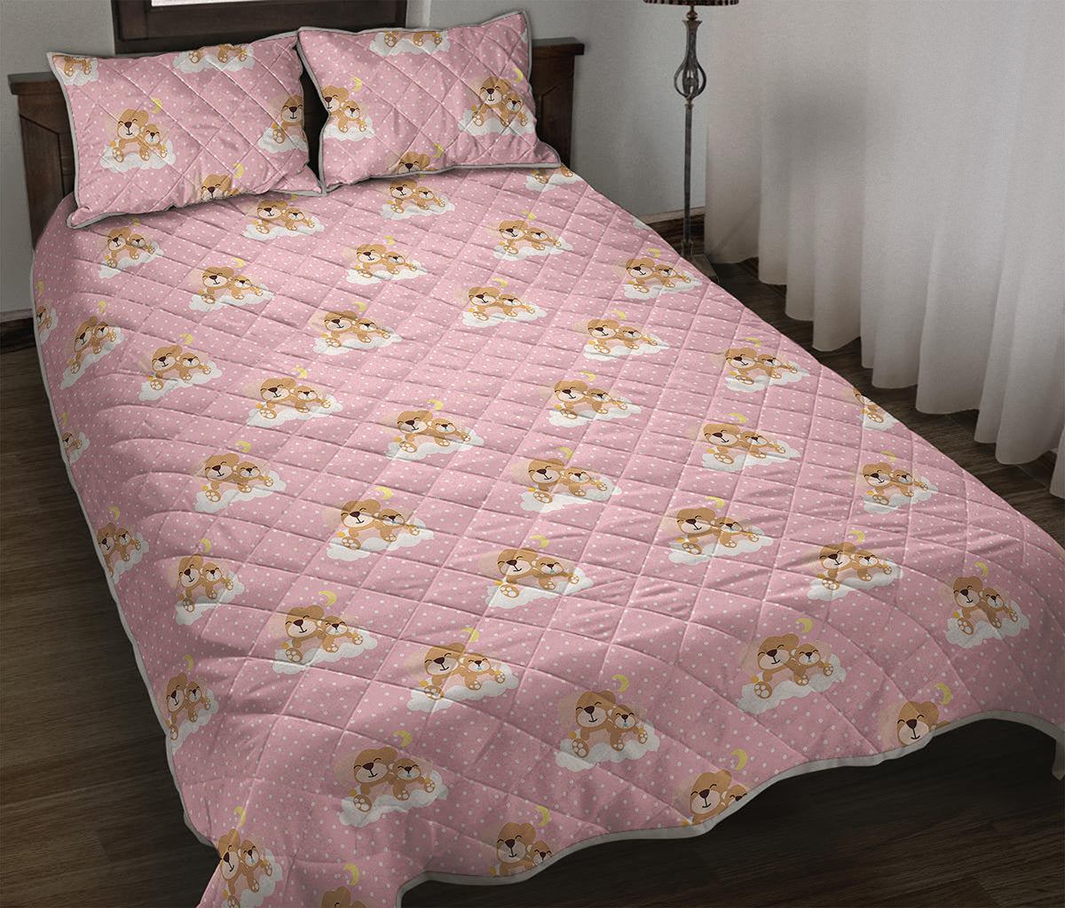 Cute Polka Dot Baby Bear Pattern Print Quilt Bed Set