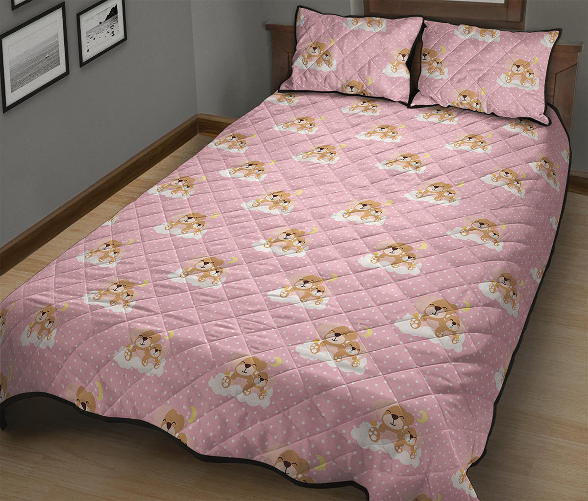 Cute Polka Dot Baby Bear Pattern Print Quilt Bed Set