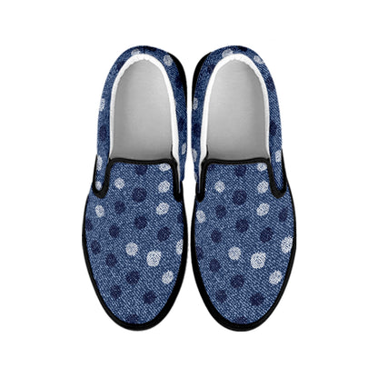 Cute Polka Dot Denim Jeans Pattern Print Black Slip On Shoes
