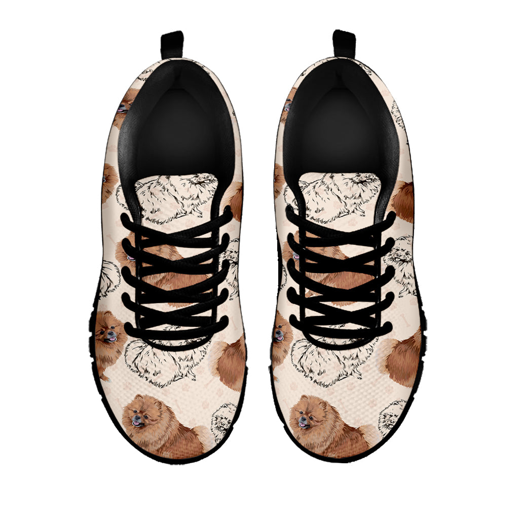 Cute Pomeranian Pattern Print Black Sneakers