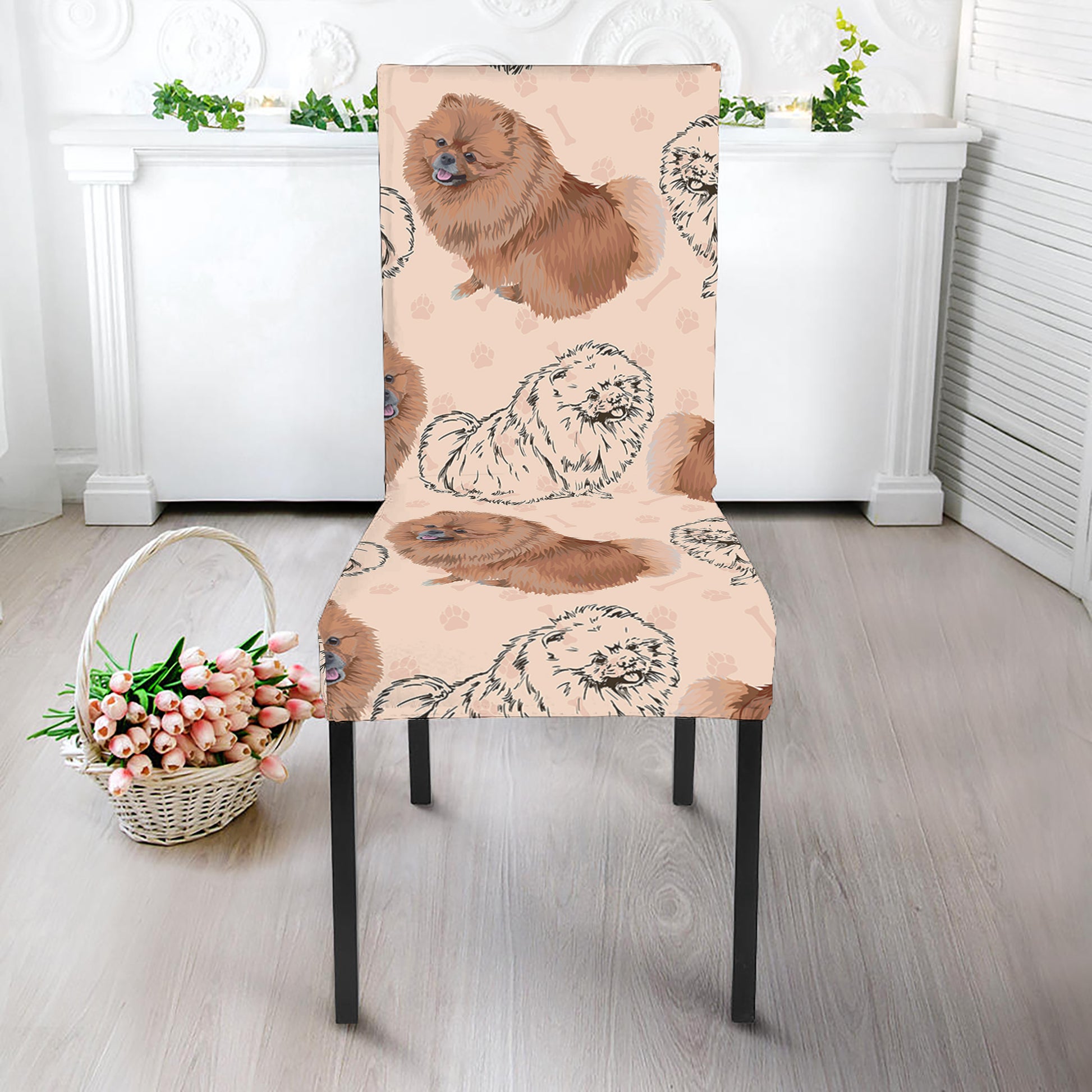 Cute Pomeranian Pattern Print Dining Chair Slipcover