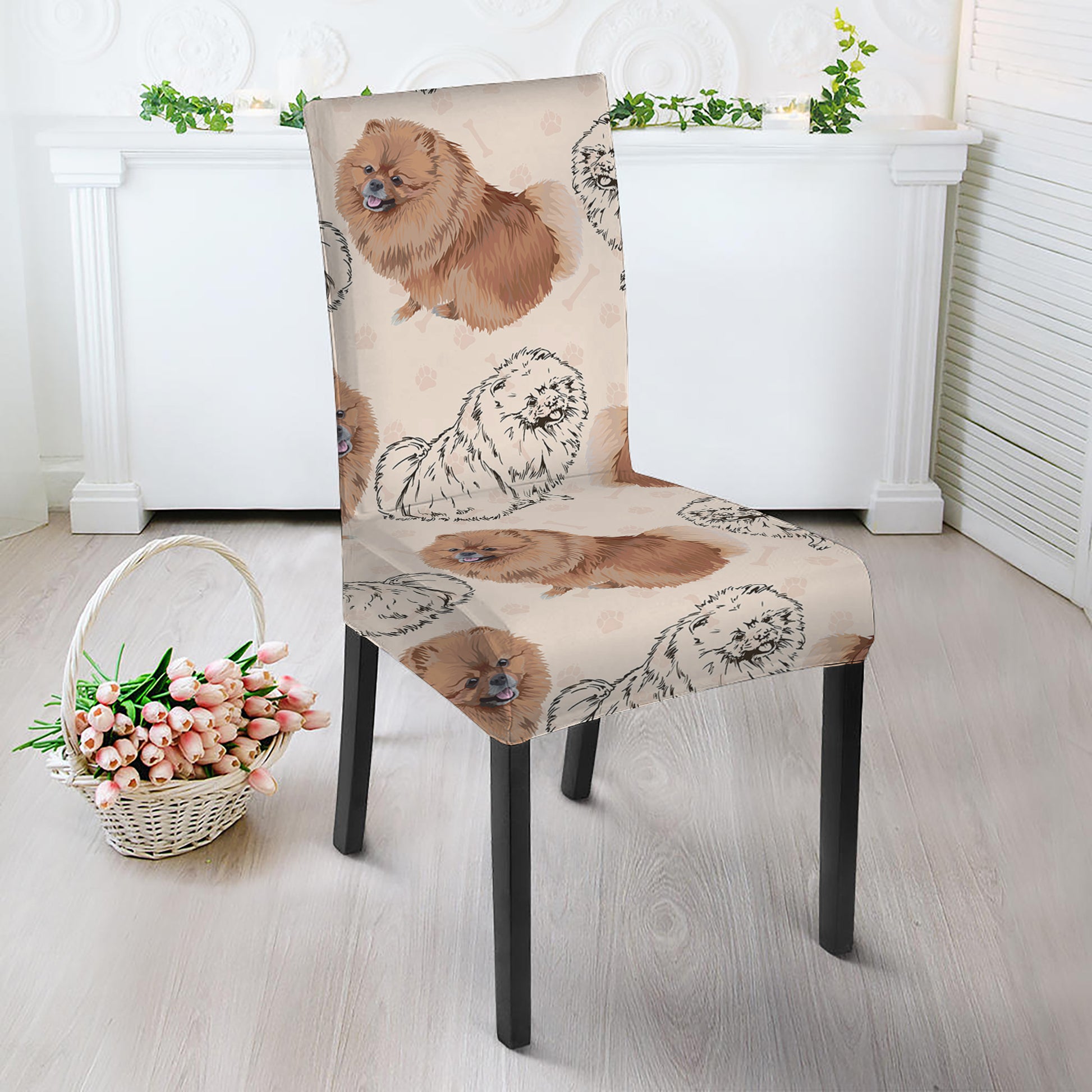 Cute Pomeranian Pattern Print Dining Chair Slipcover