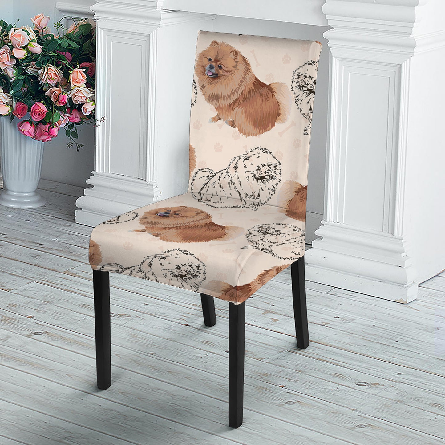 Cute Pomeranian Pattern Print Dining Chair Slipcover