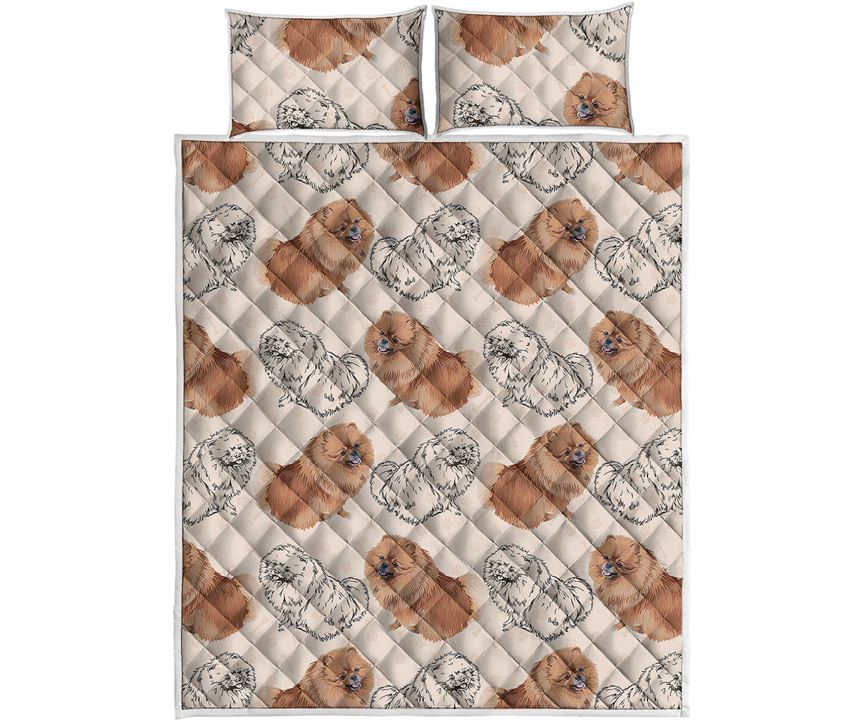 Cute Pomeranian Pattern Print Quilt Bed Set