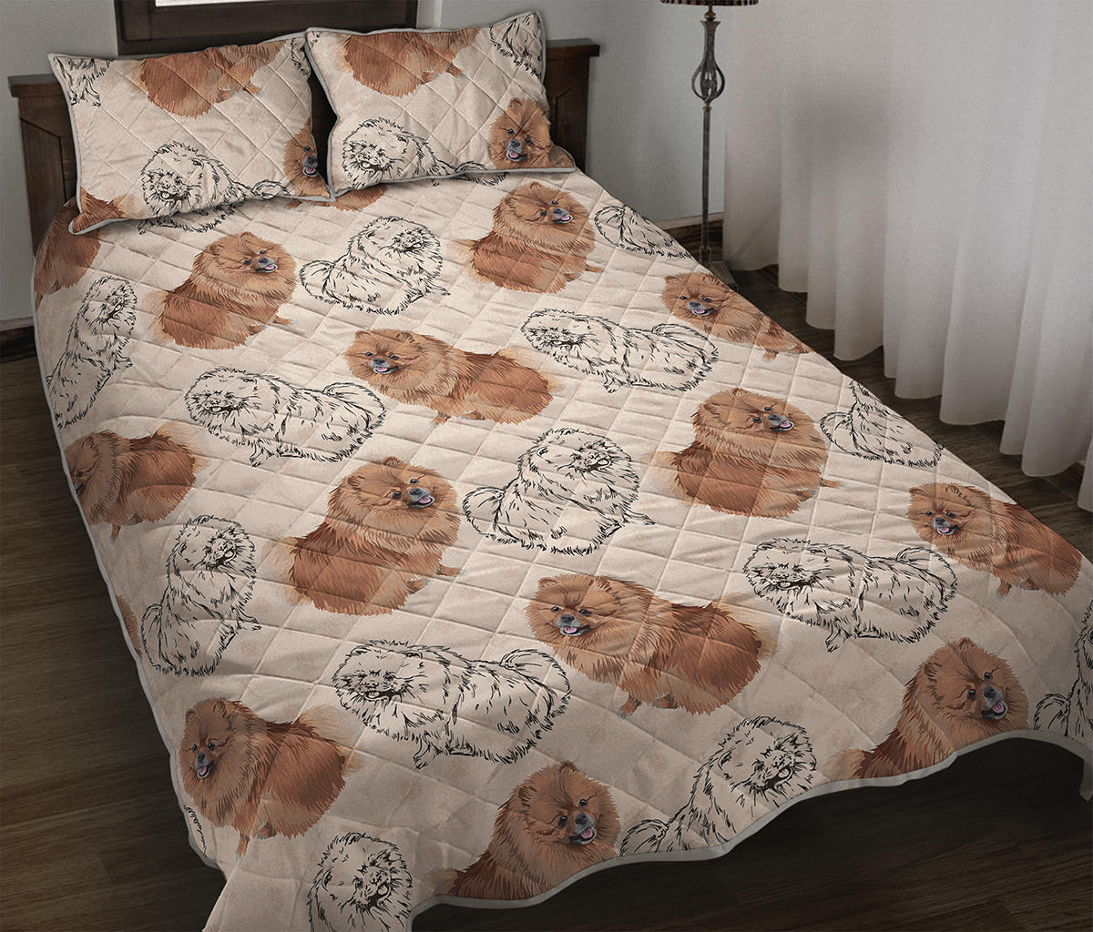 Cute Pomeranian Pattern Print Quilt Bed Set