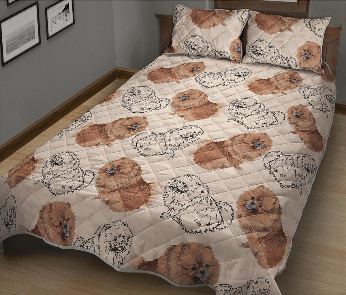 Cute Pomeranian Pattern Print Quilt Bed Set