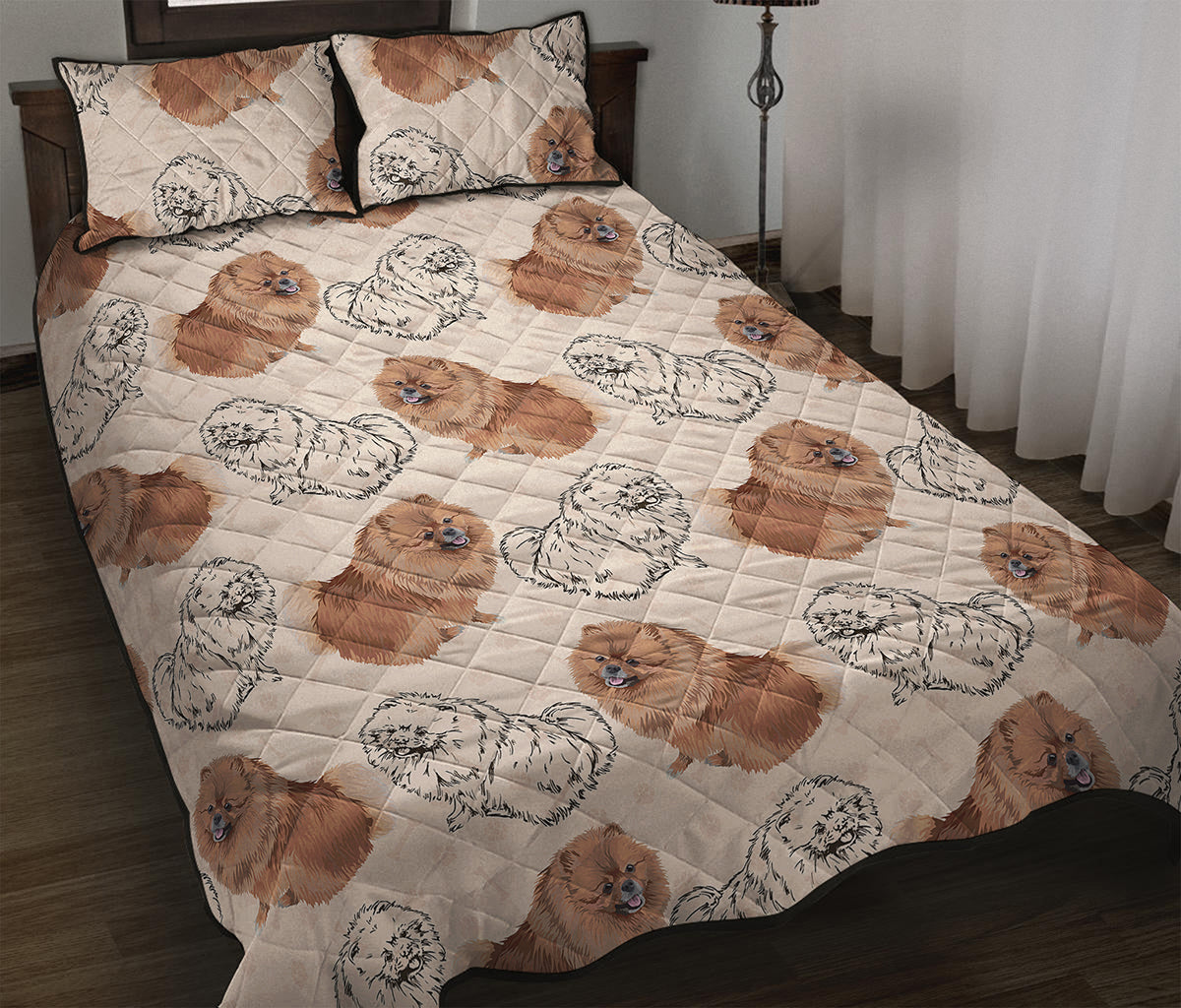 Cute Pomeranian Pattern Print Quilt Bed Set