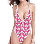 Cute Poodle Pattern Print One Piece High Cut Swimsuit
