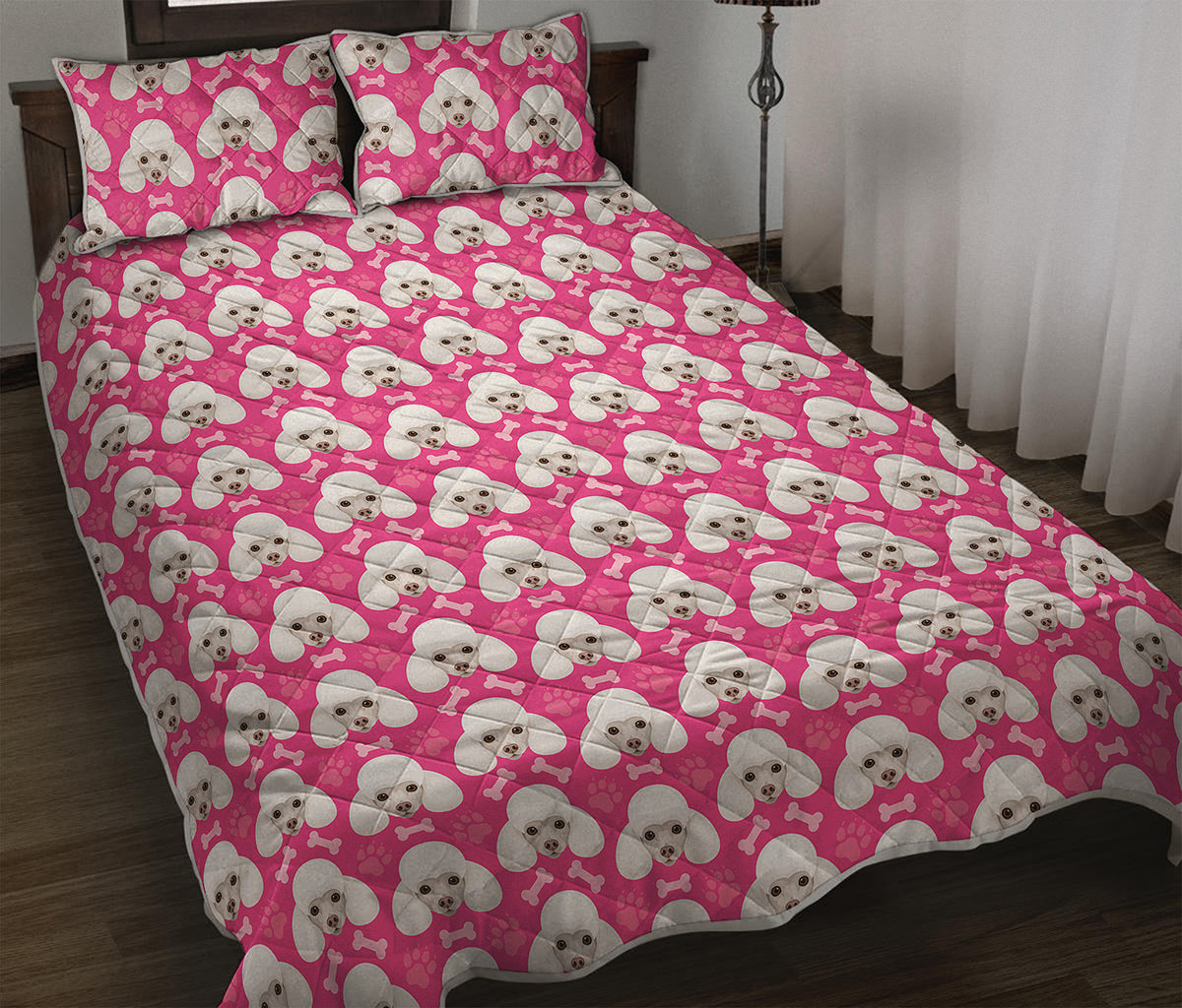 Cute Poodle Pattern Print Quilt Bed Set