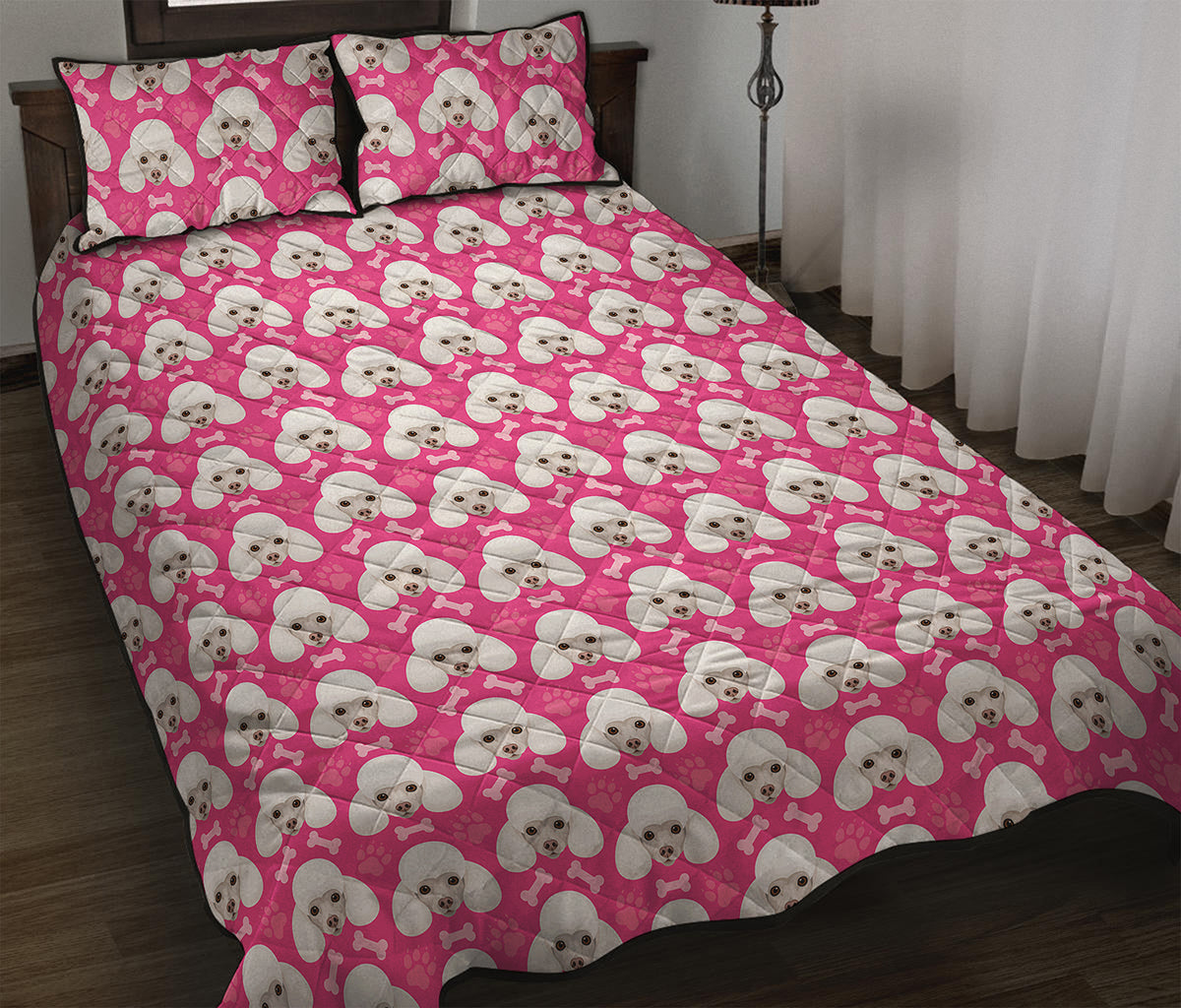 Cute Poodle Pattern Print Quilt Bed Set