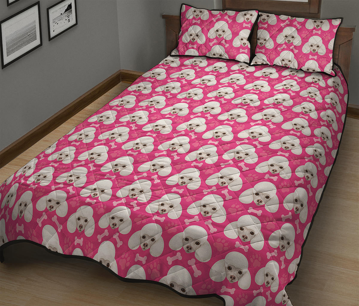 Cute Poodle Pattern Print Quilt Bed Set