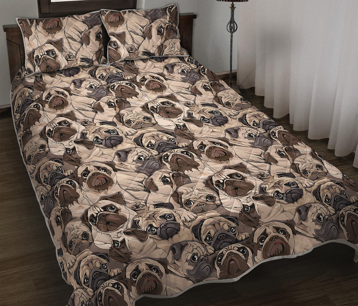 Cute Pug Pattern Print Quilt Bed Set